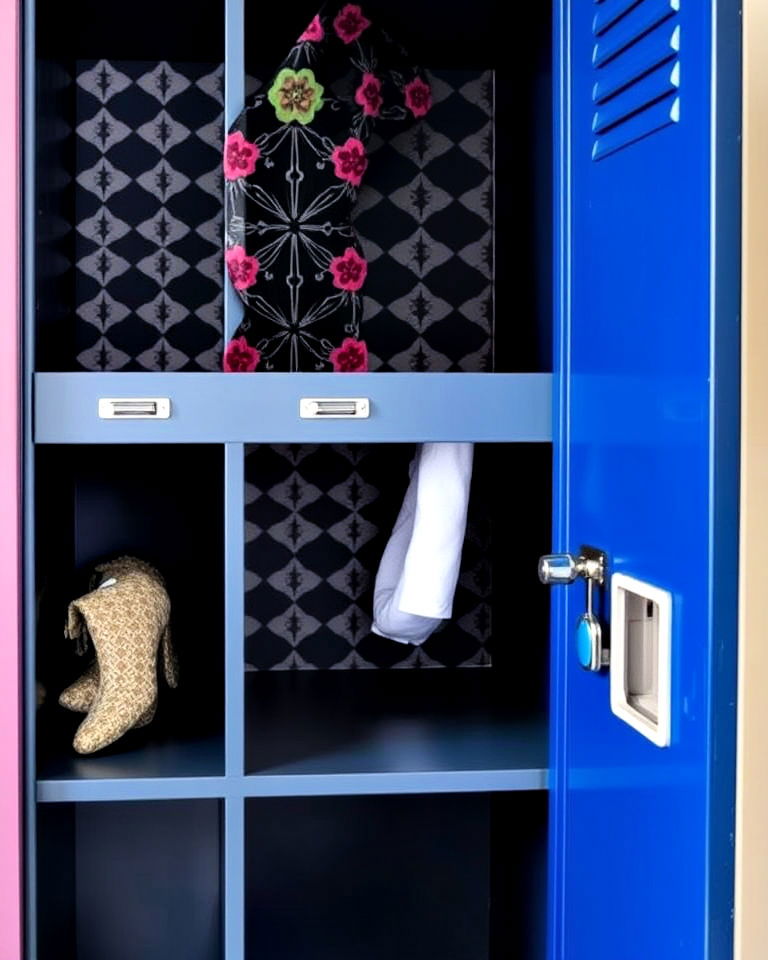 locker with peel and stick wallpaper - 30 Locker Decor Ideas