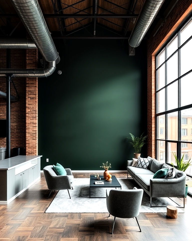 loft space with dark green accent wall - 40 Dark Green Accent Wall Ideas