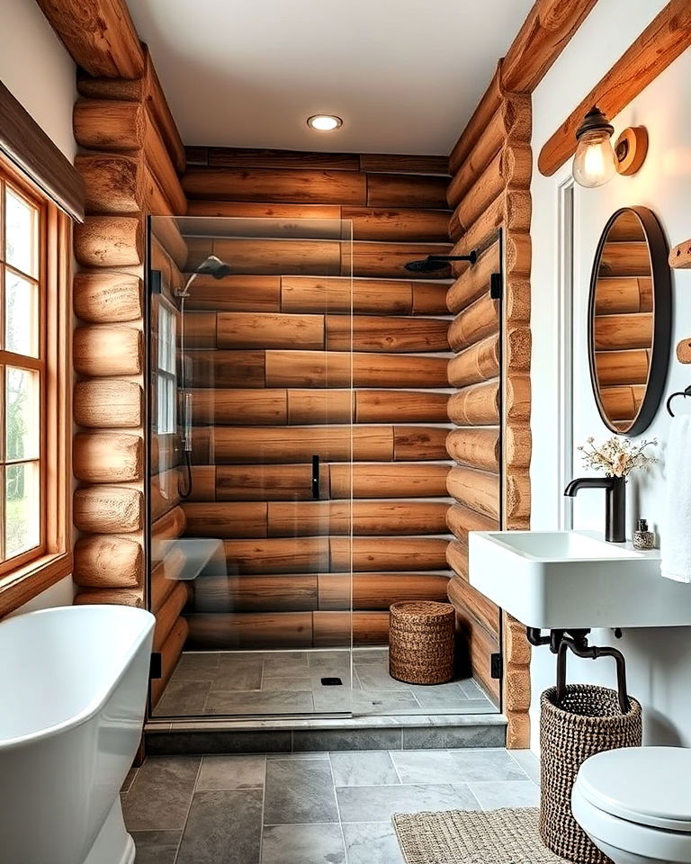 log cabin inspired walls for rustic walk in shower - 25 Rustic Walk-in Shower Ideas