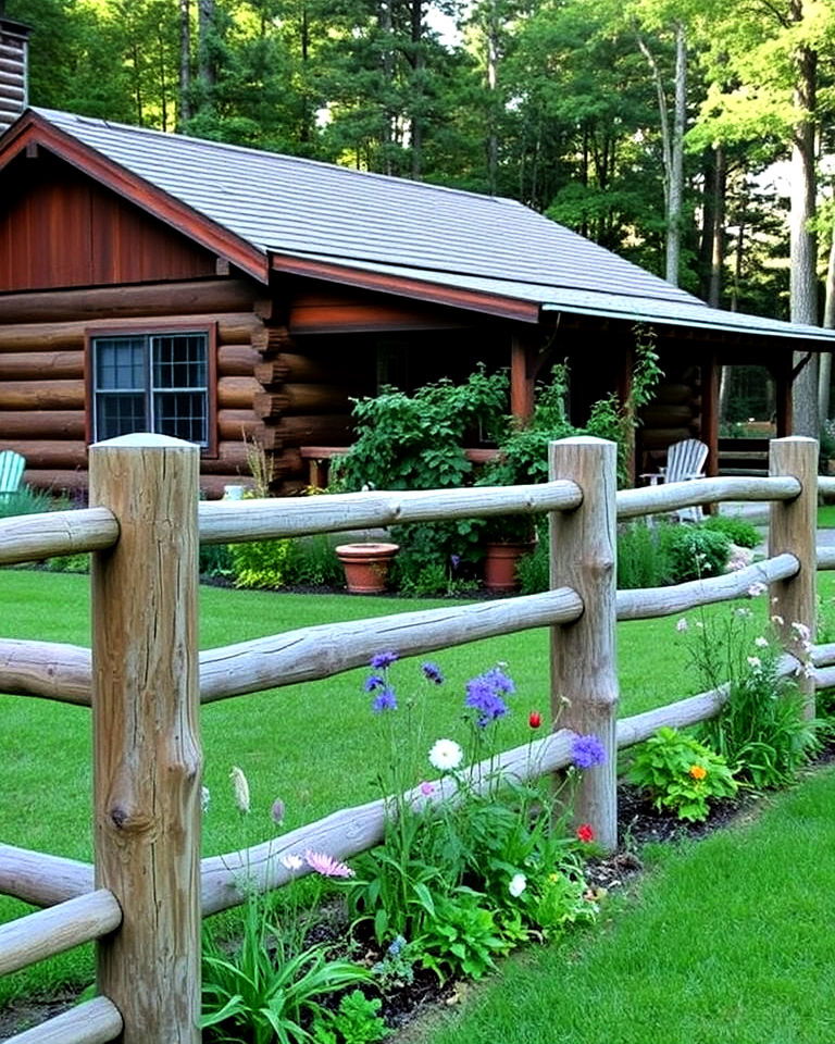 log cabin landscaping with rustic wooden fence - 25 Log Cabin Landscaping Ideas