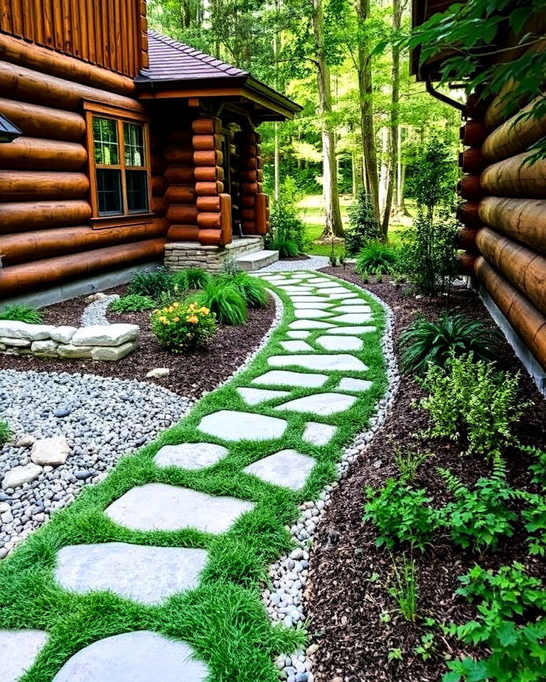 log cabin landscaping with stone pathway - 25 Log Cabin Landscaping Ideas