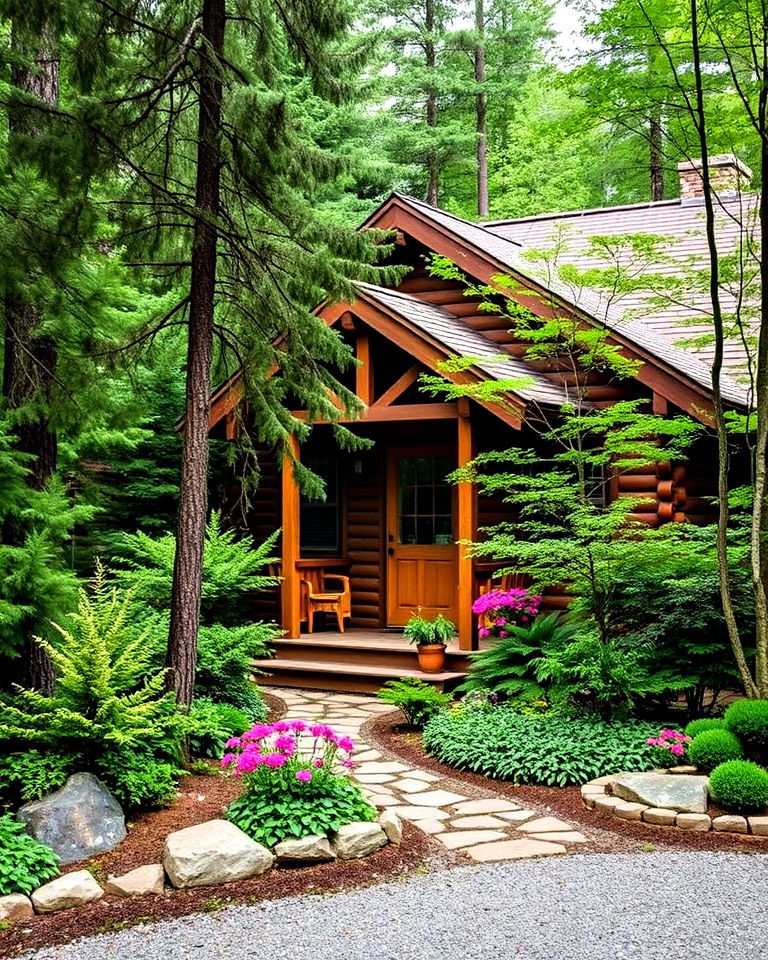 log cabin with woodland border - 25 Log Cabin Landscaping Ideas
