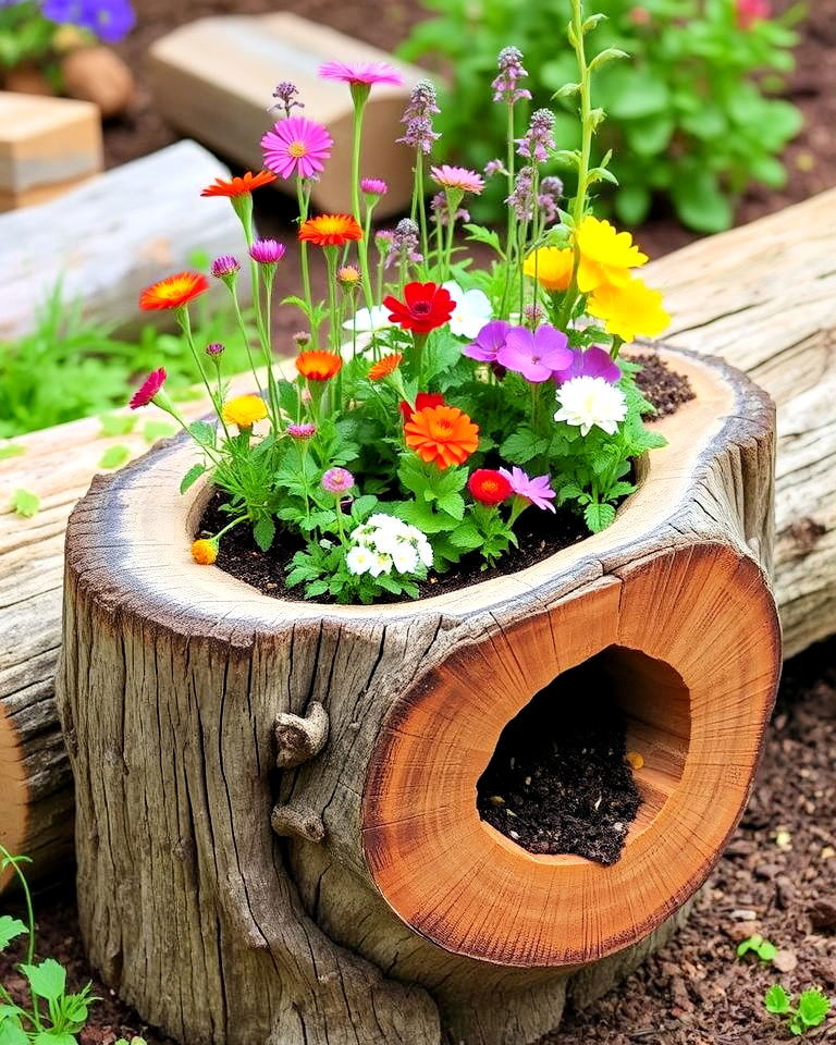 log planters for rustic landscaping - 30 Rustic Landscaping Ideas