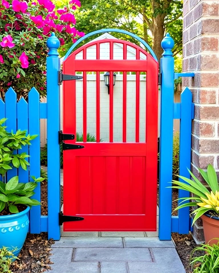 long lasting painted metal gate in bold colors - 25 Metal Garden Gate Ideas