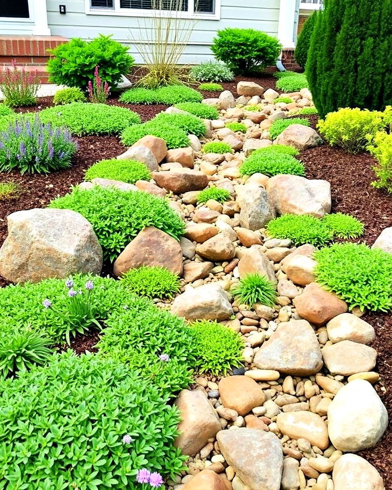 low growing groundcover plants - 30 Front Yard Dry Creek Bed Landscaping Ideas