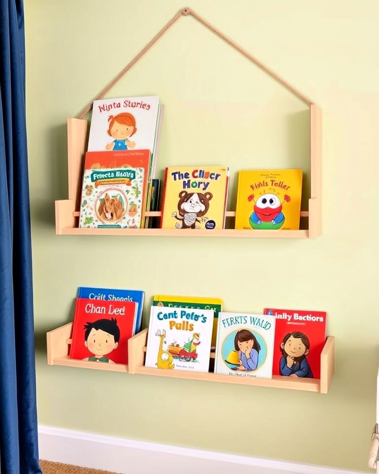 low hanging bookshelf idea - 40 Toddler Room Ideas