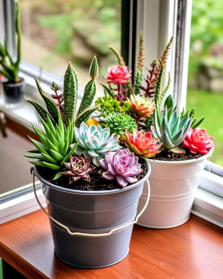low maintenance bucket succulent display - 20 Bucket Garden Ideas