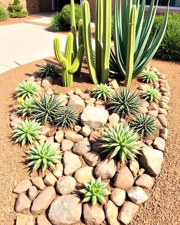 low maintenance cactus and succulent accents - 30 Front Yard Dry Creek Bed Landscaping Ideas
