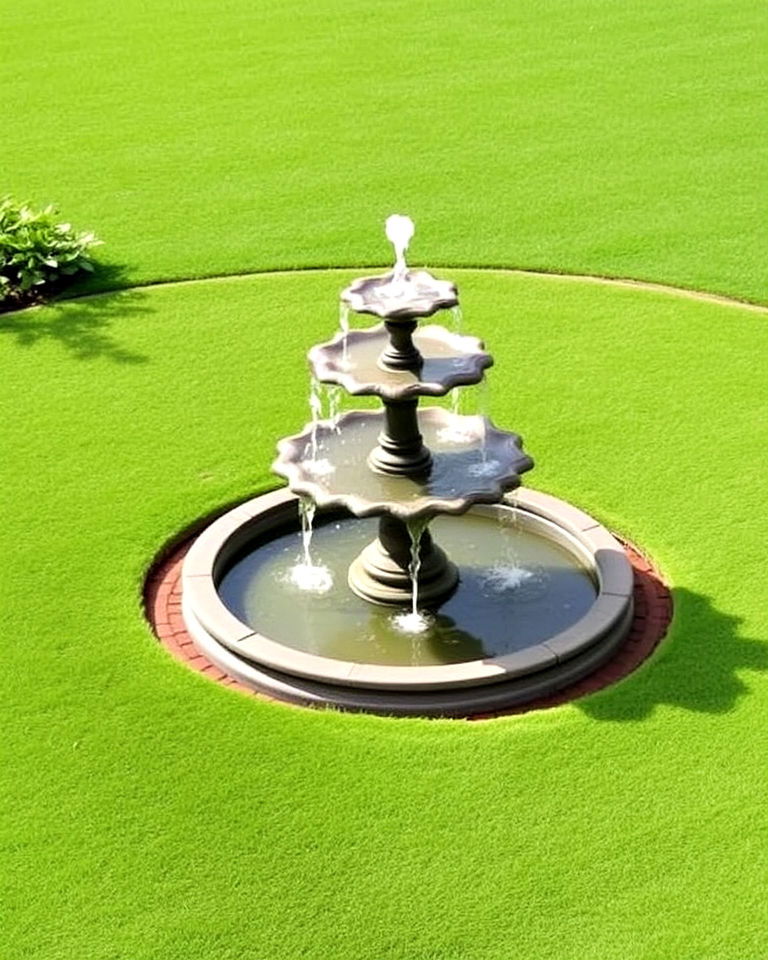 low maintenance circular lawn with tiered fountain - 20 Circular Lawn Garden Designs
