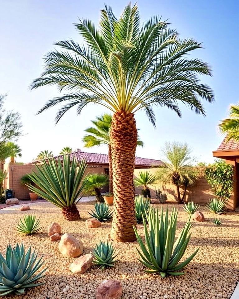 low maintenance desert inspired palm design - 30 Front Yard Palm Tree Landscape Design Ideas