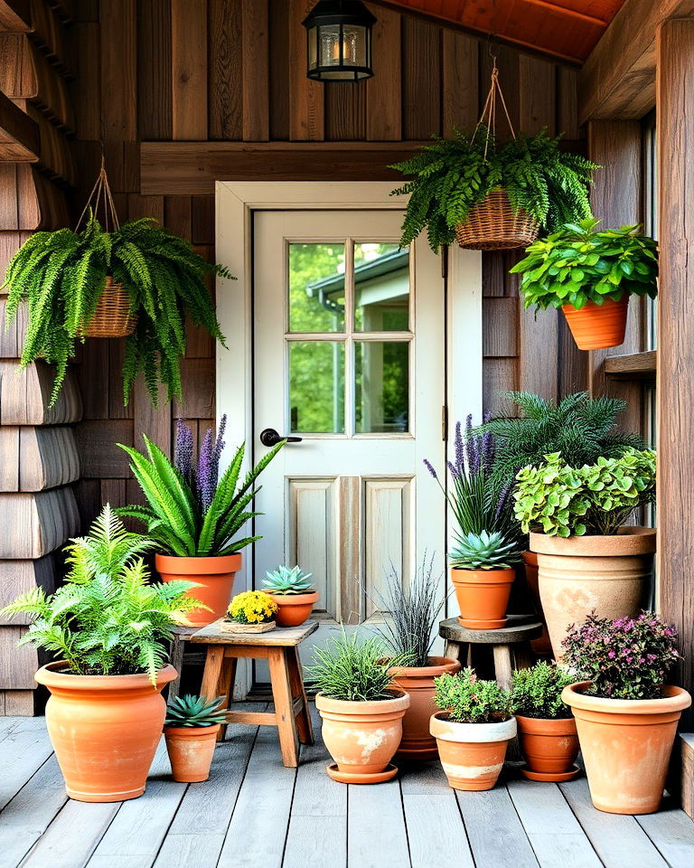 low maintenance earthy potted plants - 30 Rustic Porch Ideas