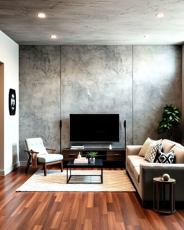 low maintenance faux concrete accent wall - 15 Basement Accent Wall Ideas