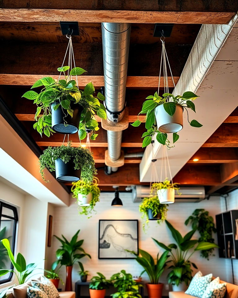 low maintenance hanging planters for greenery - 25 Exposed Basement Ceiling Ideas