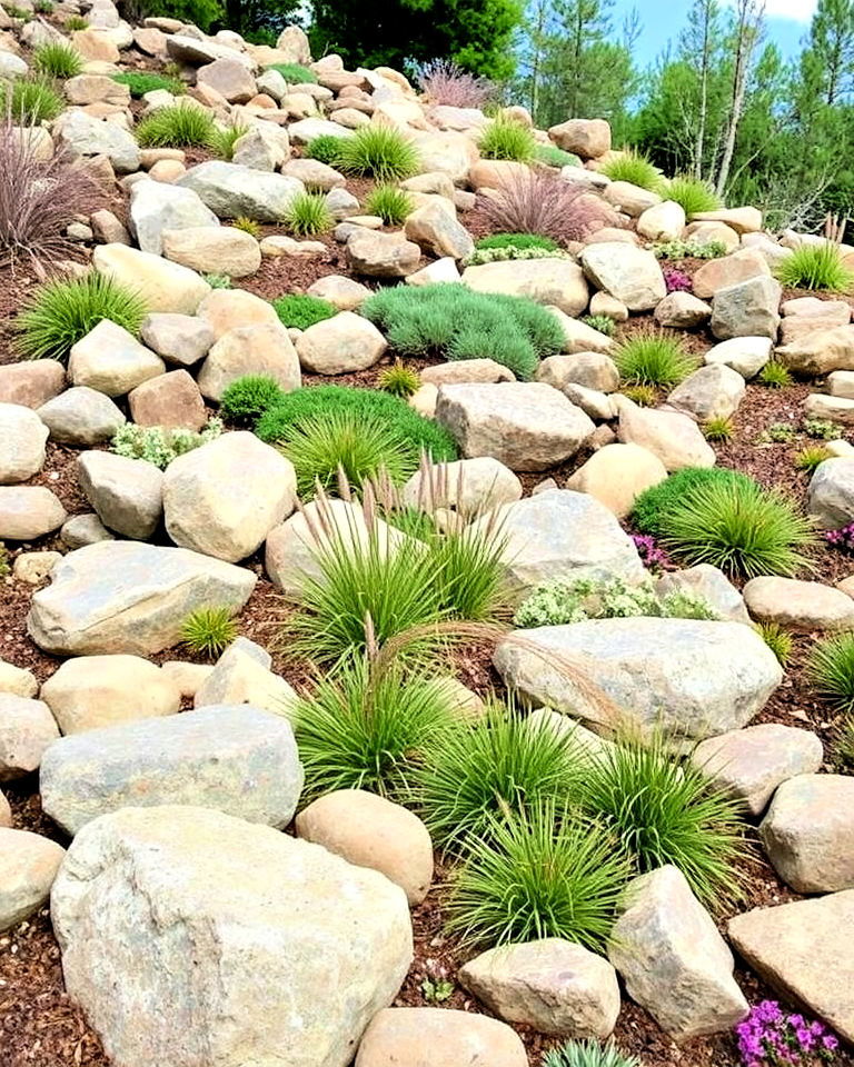 low maintenance rock garden oasis - 25 Down Sloped Backyard Ideas