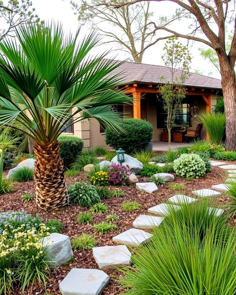 low maintenance rustic landscape with native palms - 30 Front Yard Palm Tree Landscape Design Ideas