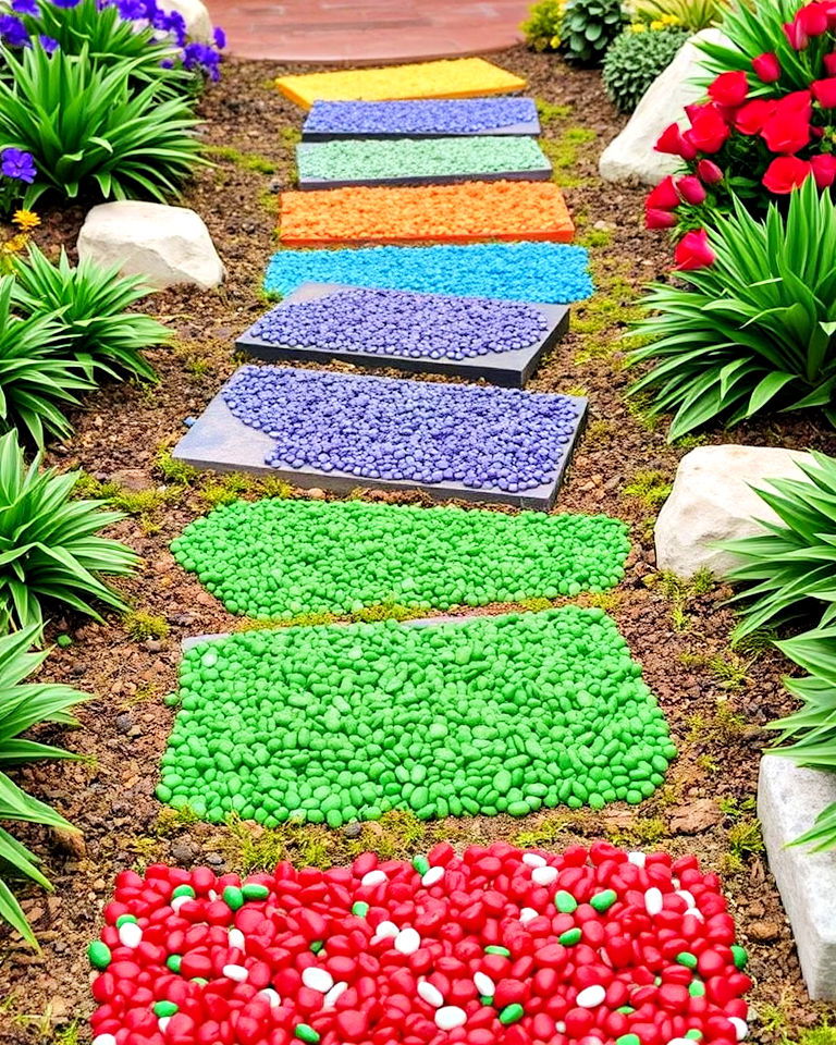 low maintenance stepping stones with colorful gravel - 30 Stepping Stone Walkway Ideas