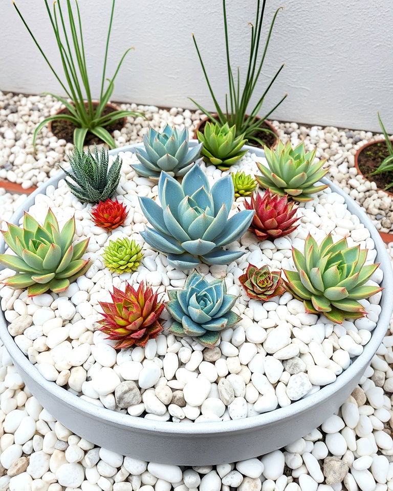 low maintenance succulent garden with white pebbles - 25 White Rock Landscaping Ideas