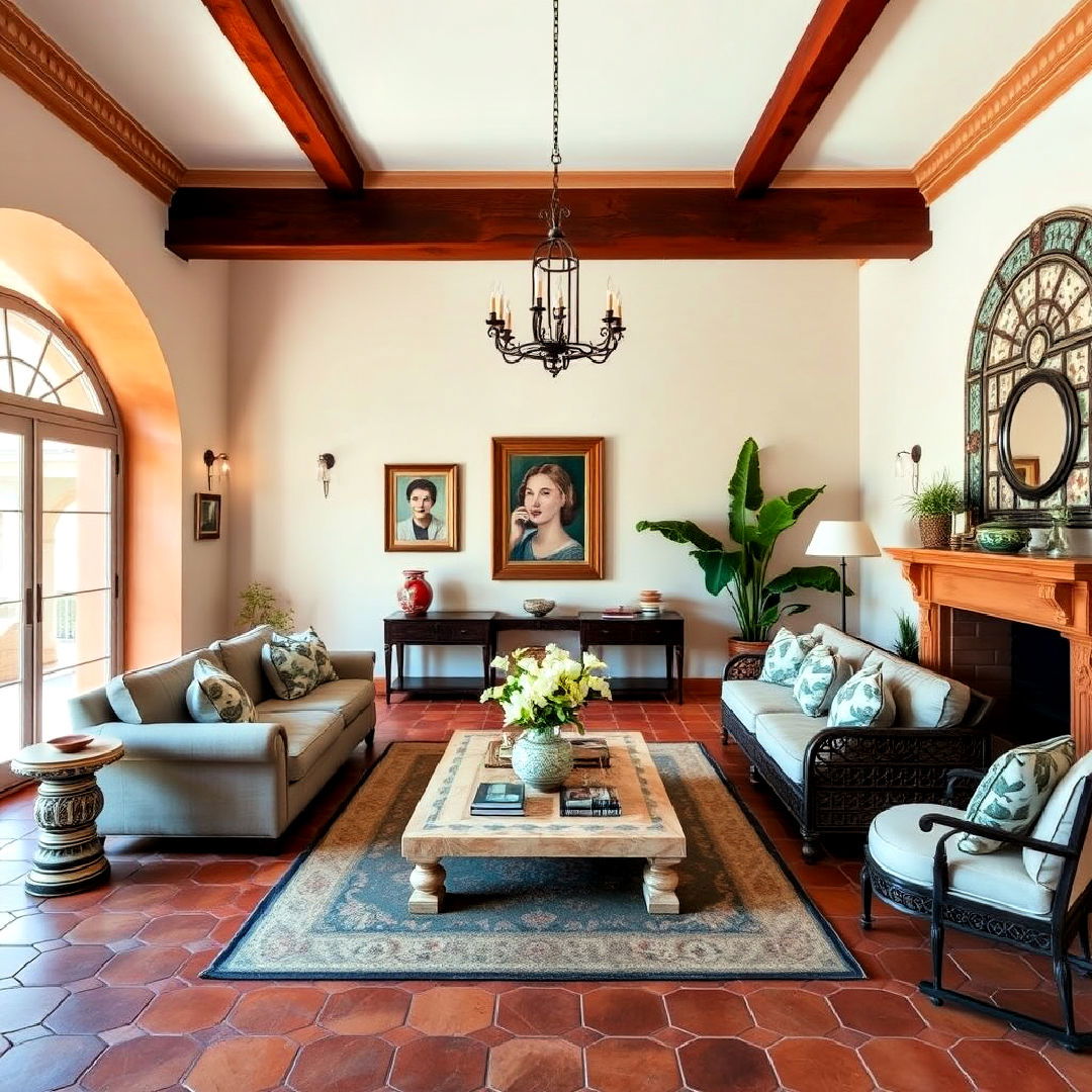 low maintenance terracotta tile flooring - 25 Spanish Style Living Room Ideas