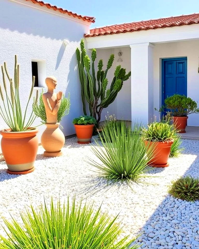 low maintenance white pebble beds - 30 Greek Garden Ideas