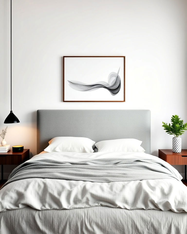 low profile grey headboard for minimalist look - 25 Grey Headboard Bedroom Ideas