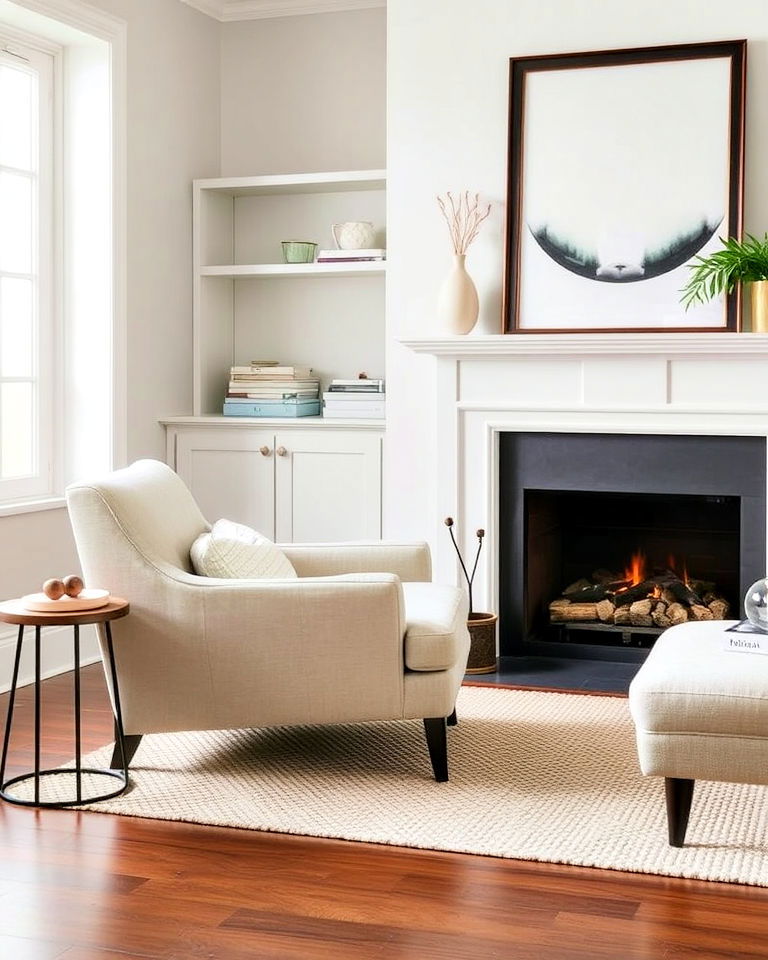 low profile slipper chair in neutral tones - 20 Chairs in Front of Fireplace Ideas