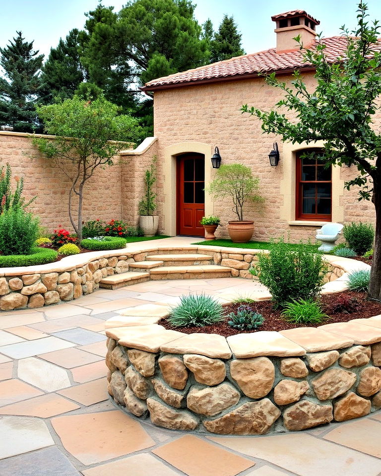 low stone walls for mediterranean patio - 25 Mediterranean Patio Ideas