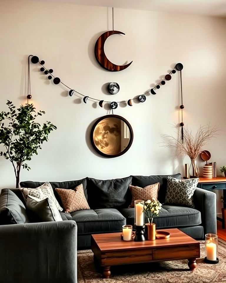 lunar magic with moon phase decor - 30 Witchy Living Room Ideas