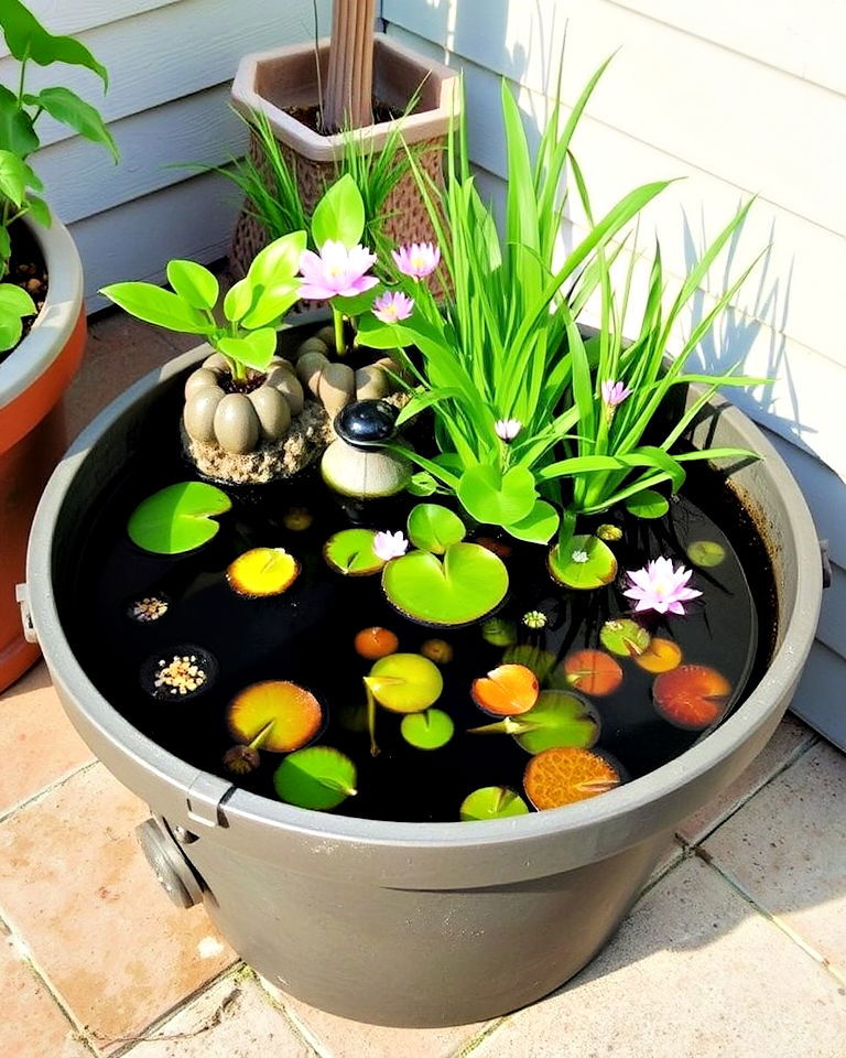 lush container water garden on a patio - 15 Water Garden Ideas