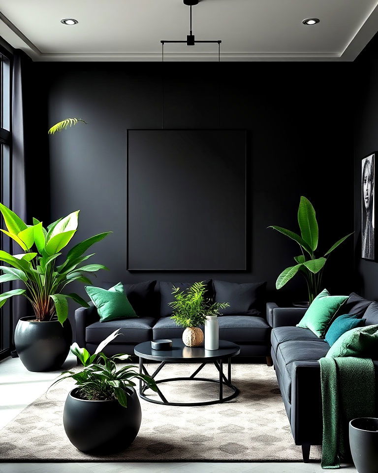 lush green plants in black living room - 30 Black and Green Living Room Ideas