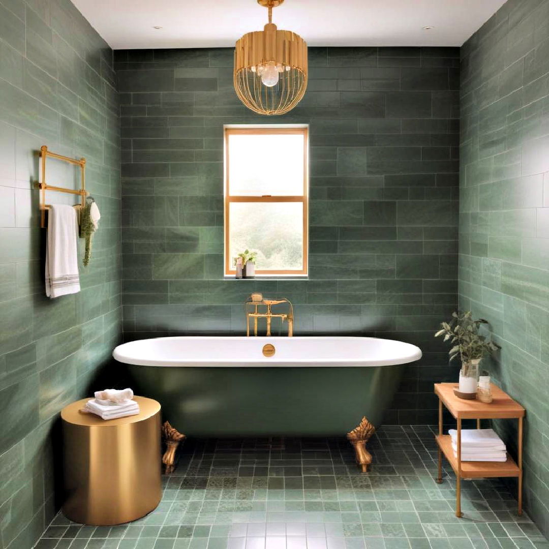 lush green tiles with gold fixtures - 20 Green and Gold Bathroom Ideas