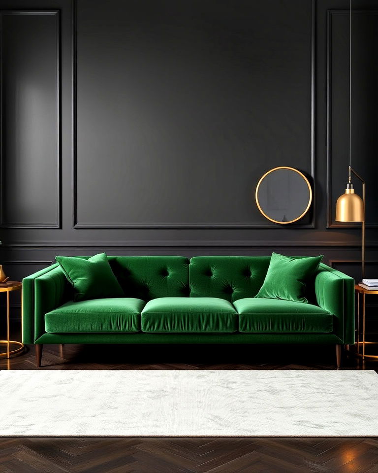 lush green velvet sofa against black walls - 30 Black and Green Living Room Ideas