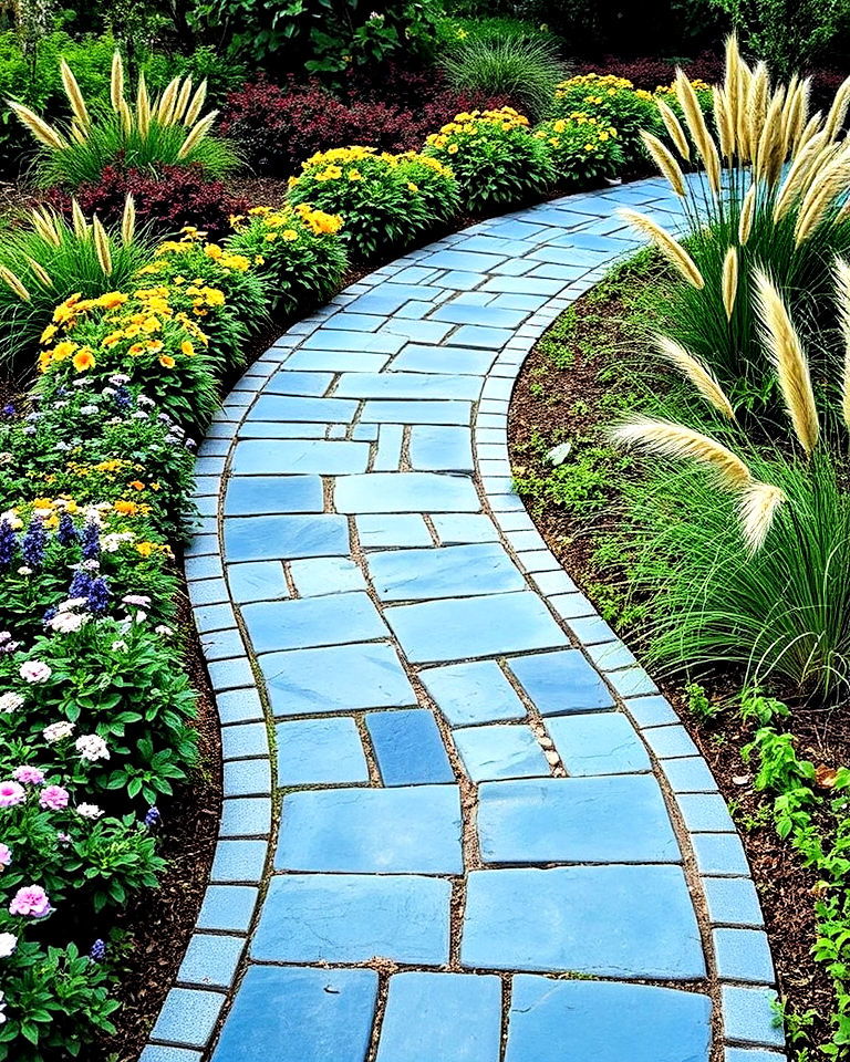 lush plant borders with curved bluestone pathway - 15 Bluestone Walkway Ideas