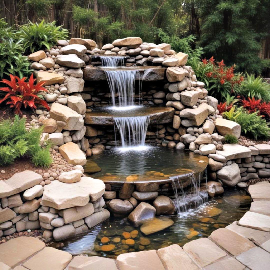 lush pondless waterfall with tropical plants - 15 Pondless Waterfall Ideas