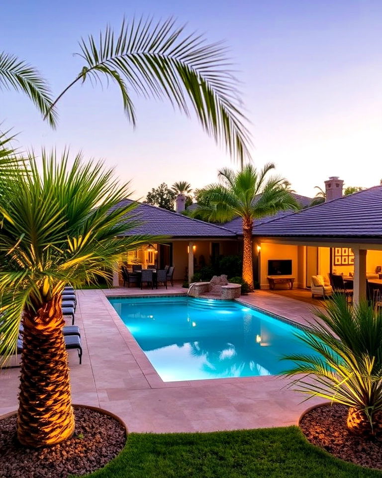 lush poolside palm trees for relaxation - 30 Front Yard Palm Tree Landscape Design Ideas