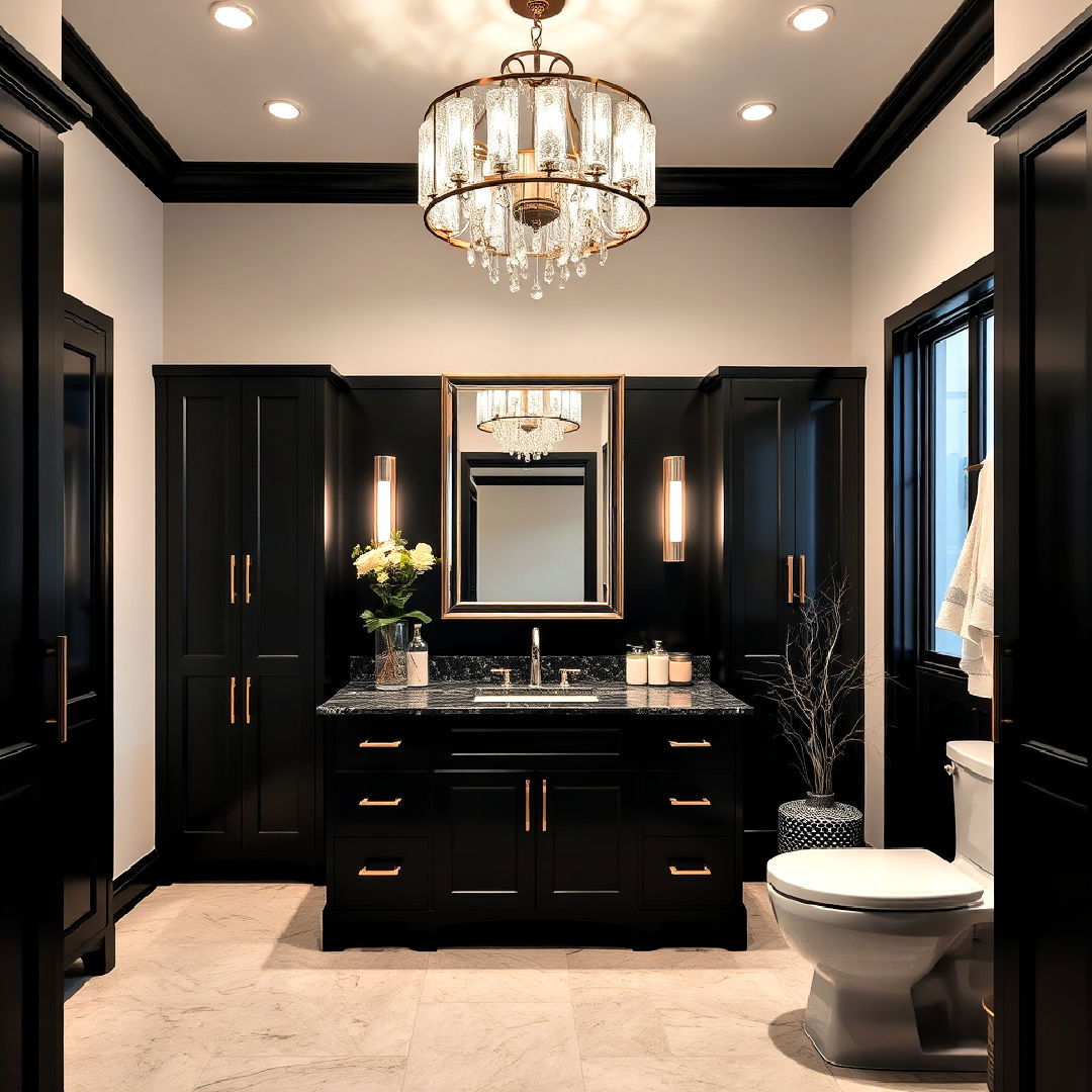luxe black cabinets with statement lighting for bathroom - 25 Bathroom With Black Cabinets Ideas