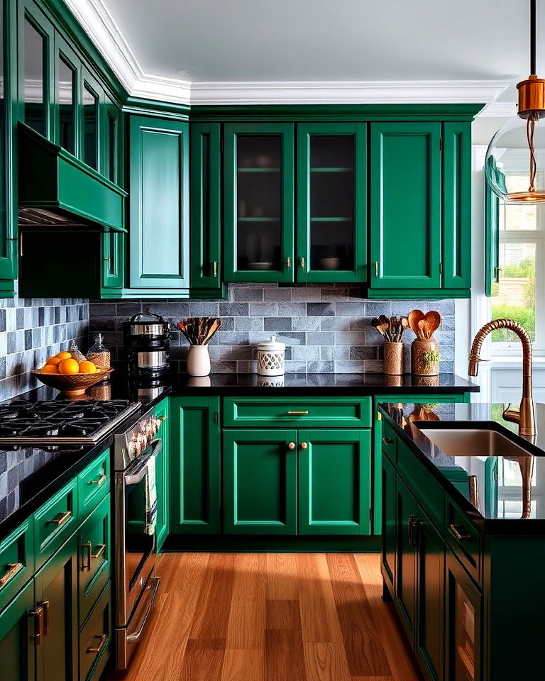 luxe look emerald green cabinets - 20 Green Kitchen Cabinets With Black Countertops