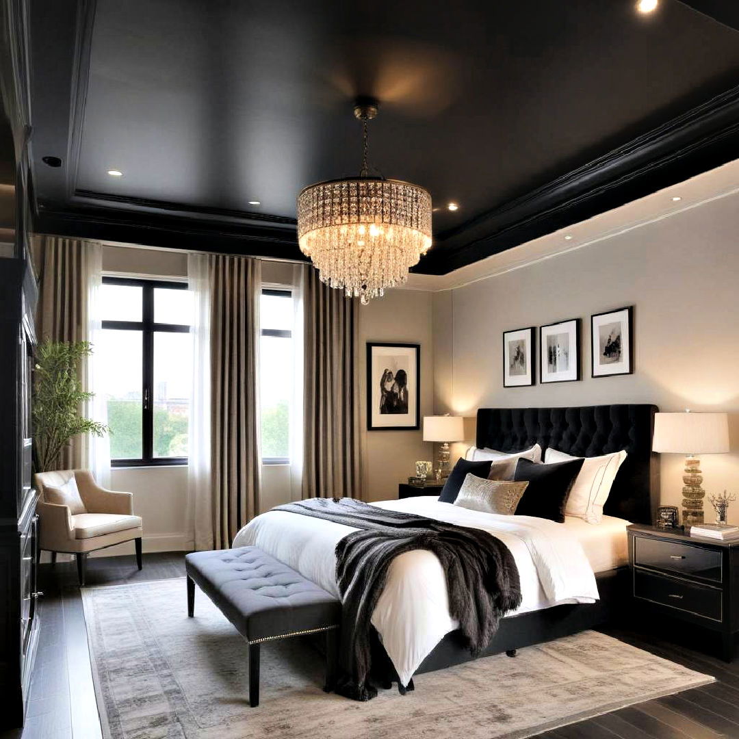 luxurious bedroom with black ceiling - 25 Black Ceiling Design Ideas