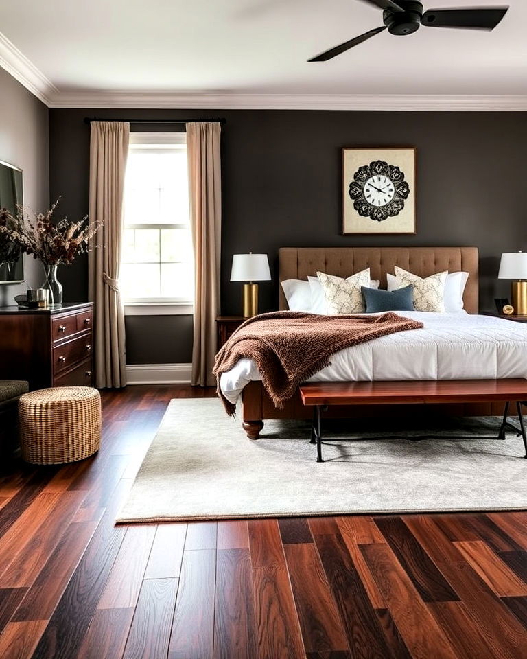 luxurious bedroom with dark walnut floor - 20 Dark Walnut Floors for Rooms