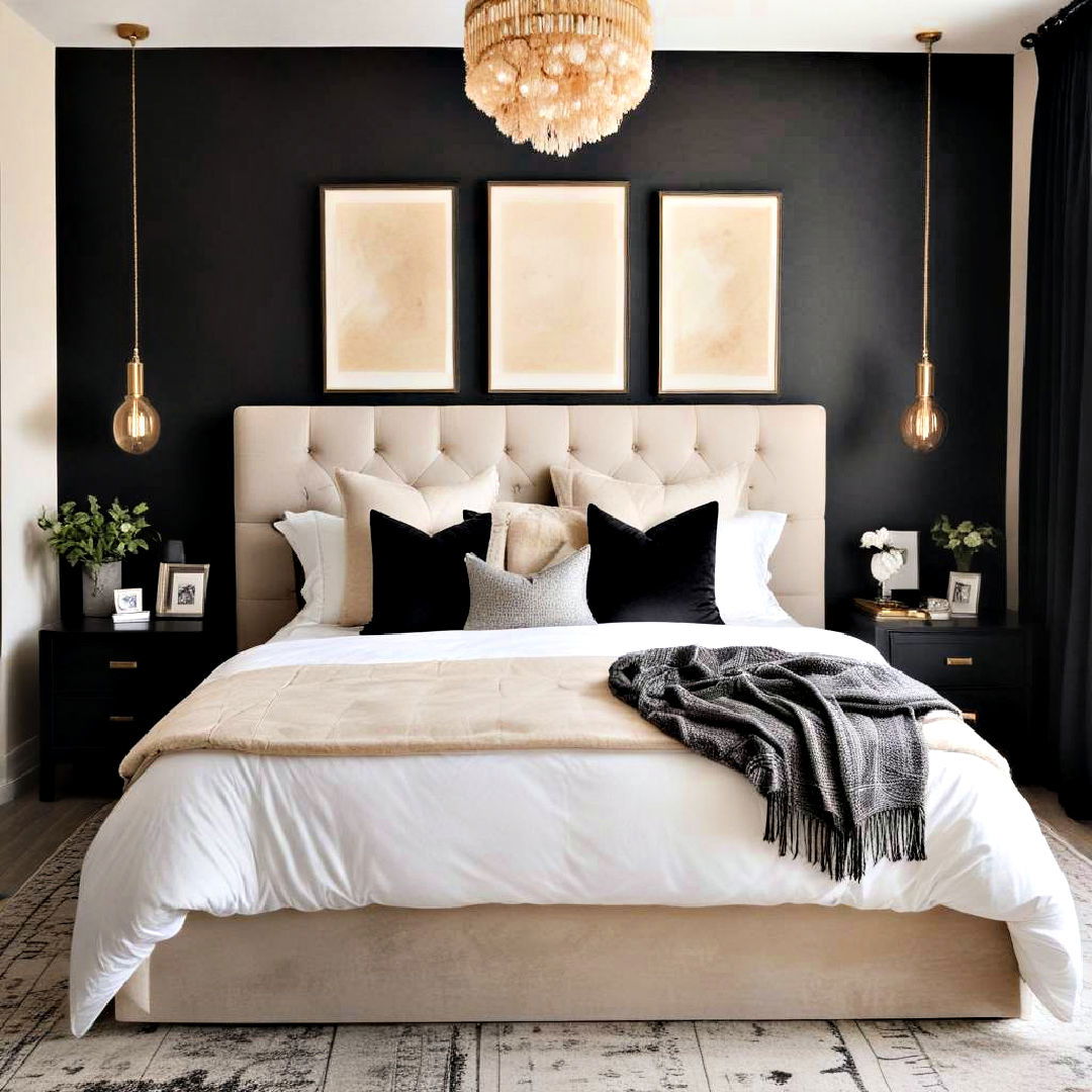 luxurious beige headboard with black accent wall - 20 Black and Beige Bedroom Design Ideas