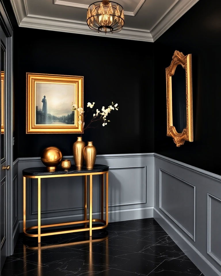 luxurious black and gold accents for hallway - 15 Black Hallway Ideas
