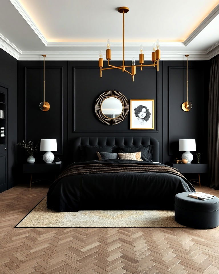 luxurious black and gold accents - 20 Matte Black Bedroom Ideas