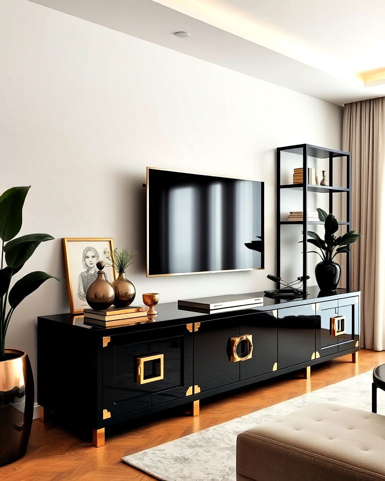 luxurious black and gold entertainment unit - 40 Black and Gold Living Room Ideas