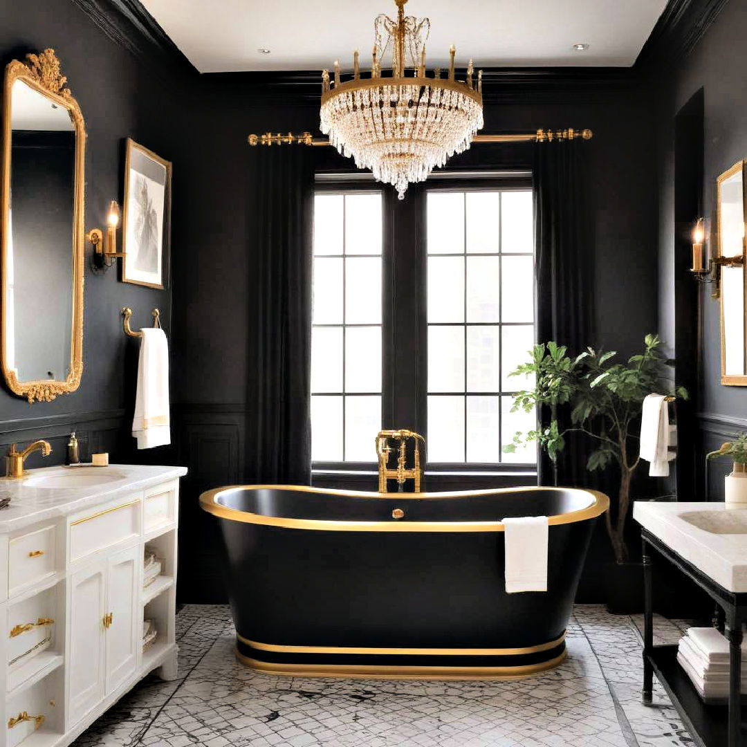 luxurious black bathtub with gold trim - 20 Black and Gold Bathroom Ideas