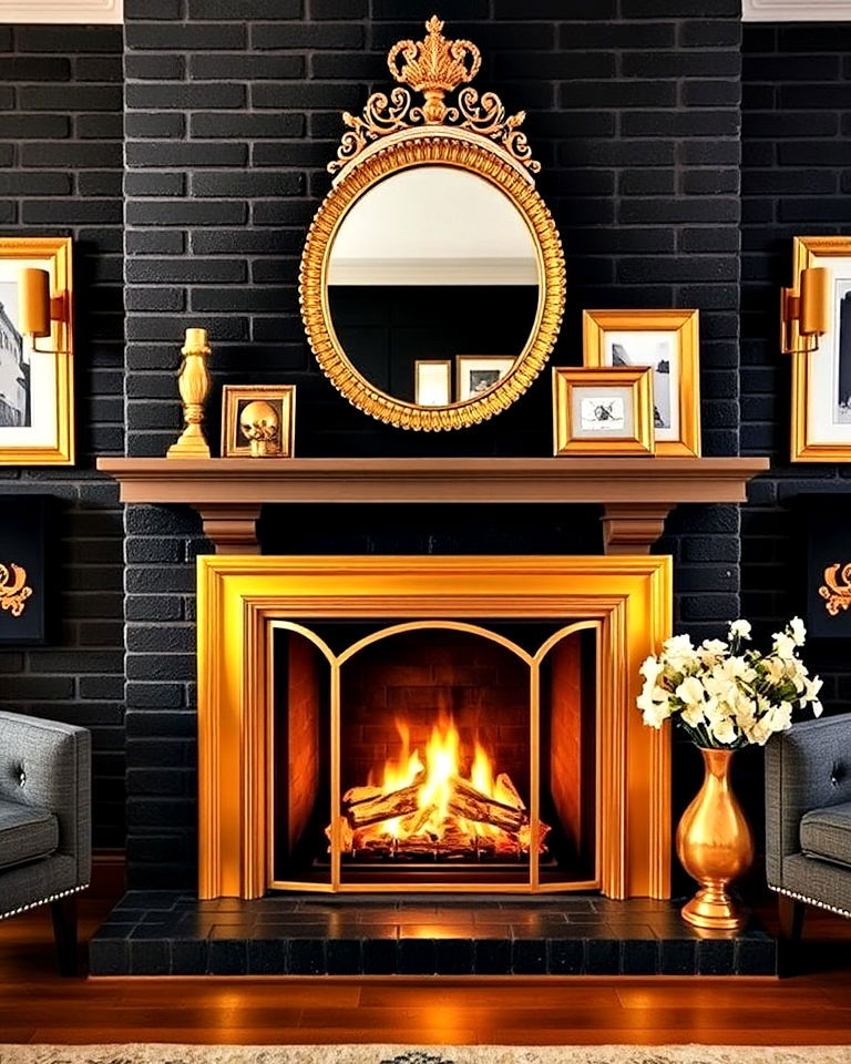 luxurious black brick fireplace with gold highlights - 30 Black Brick Fireplace Ideas