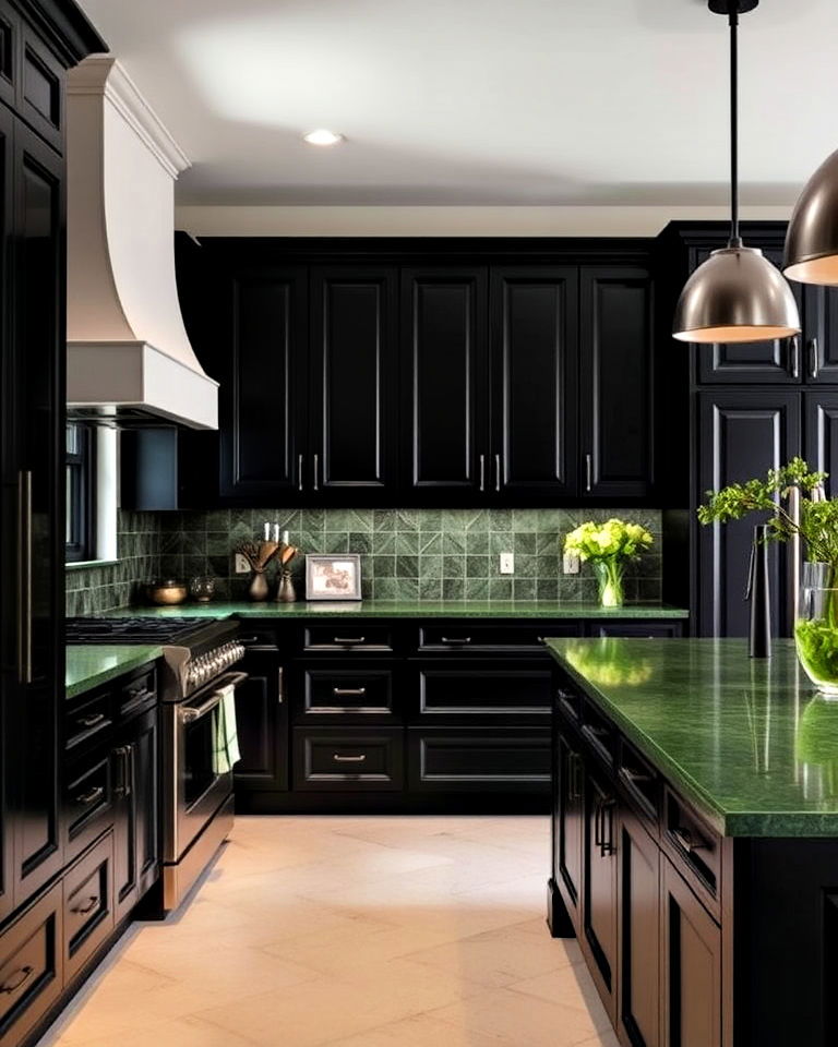 luxurious black cabinets with dark green countertops - 30 Black and Green Kitchen Ideas