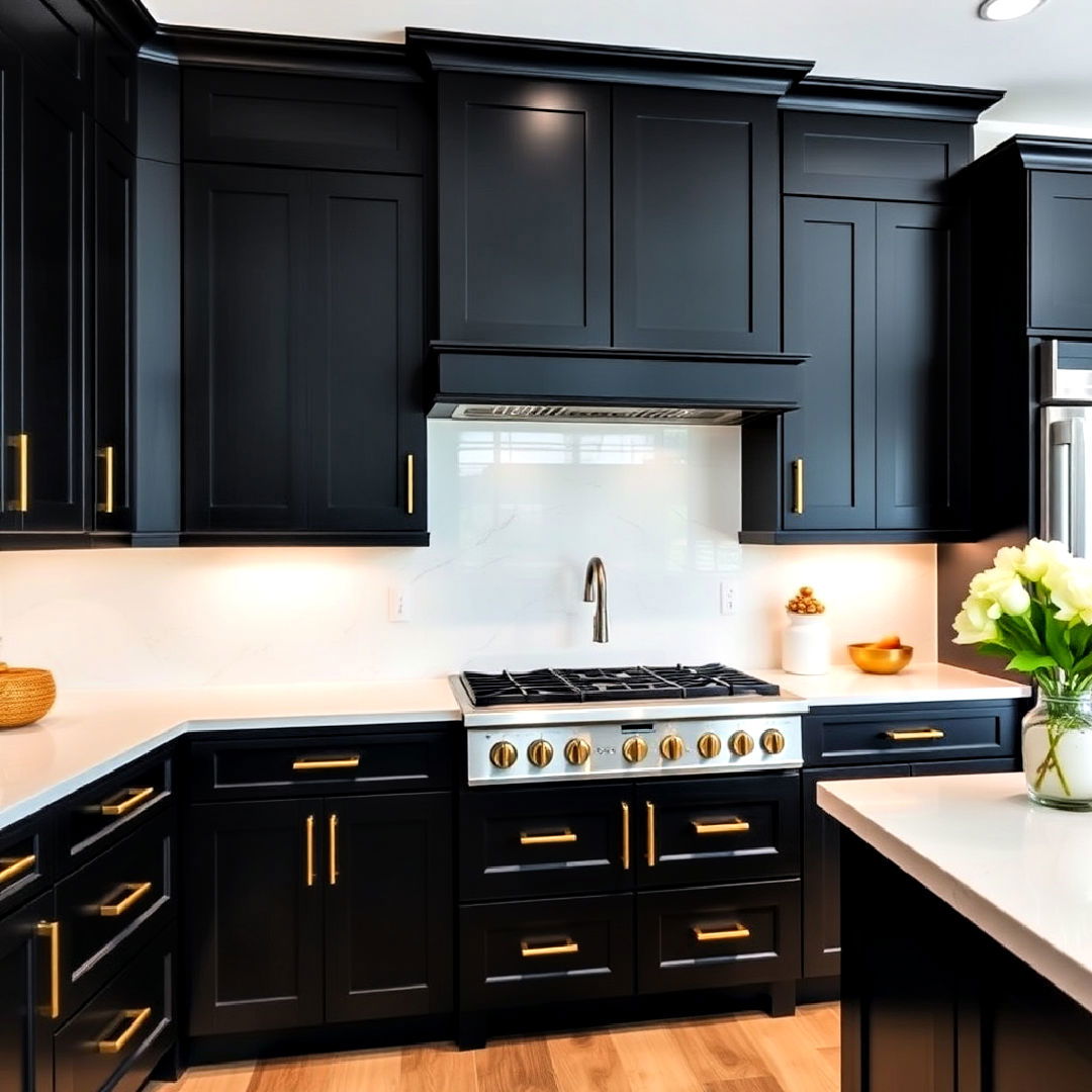 luxurious black cabinets with gold hardware - 25 Black White and Gold Kitchen Ideas