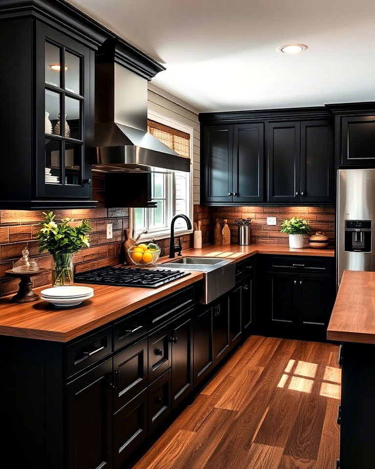 luxurious black cabinets with walnut countertops - 25 Kitchen With Black Cabinets And Wood Countertops Ideas