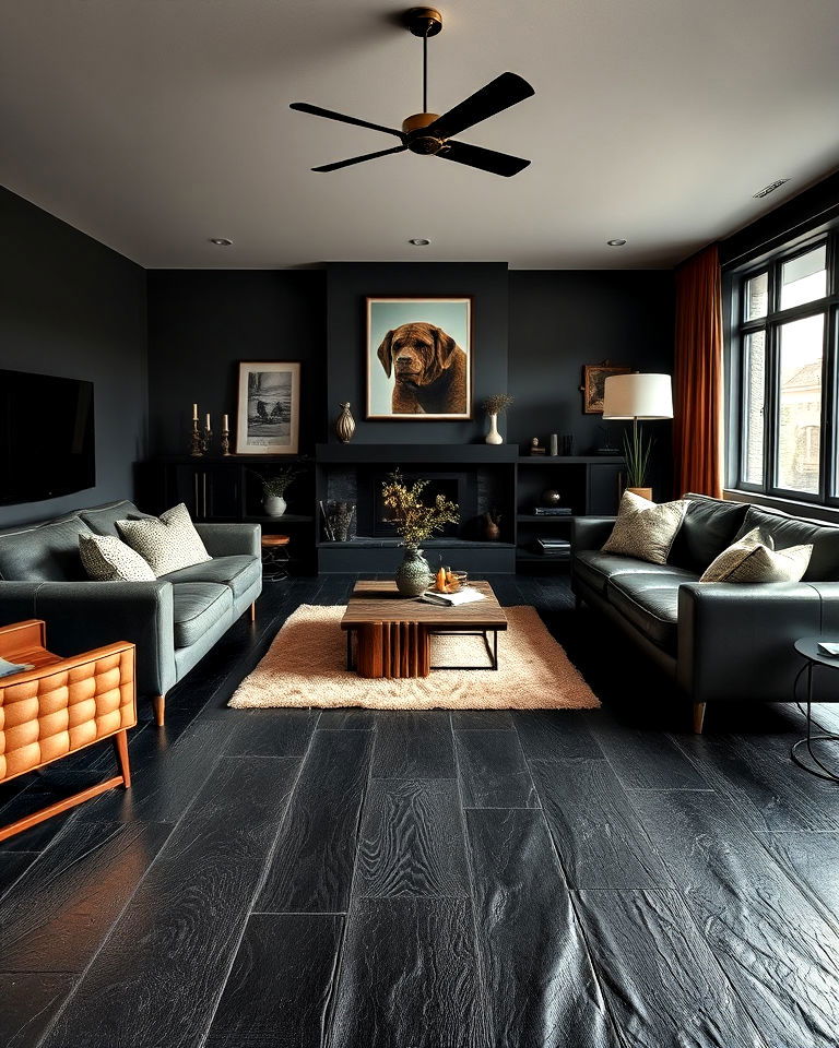 luxurious black leather flooring for living room - 25 Black Floor Living Room Ideas