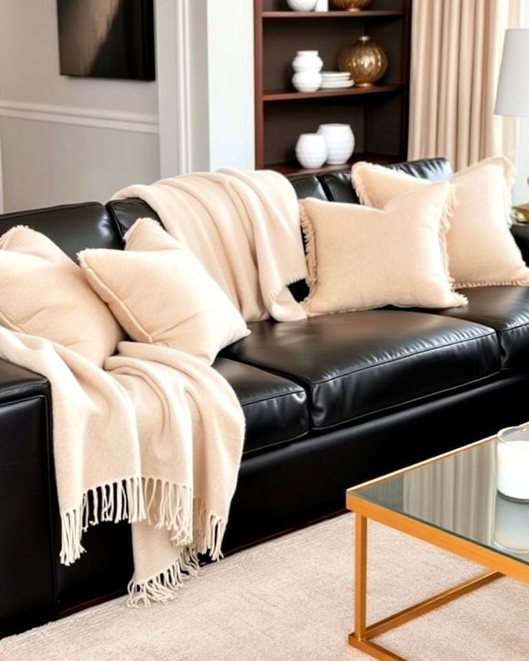 luxurious black leather sofa with beige throws - 30 Black and Beige Living Room Ideas