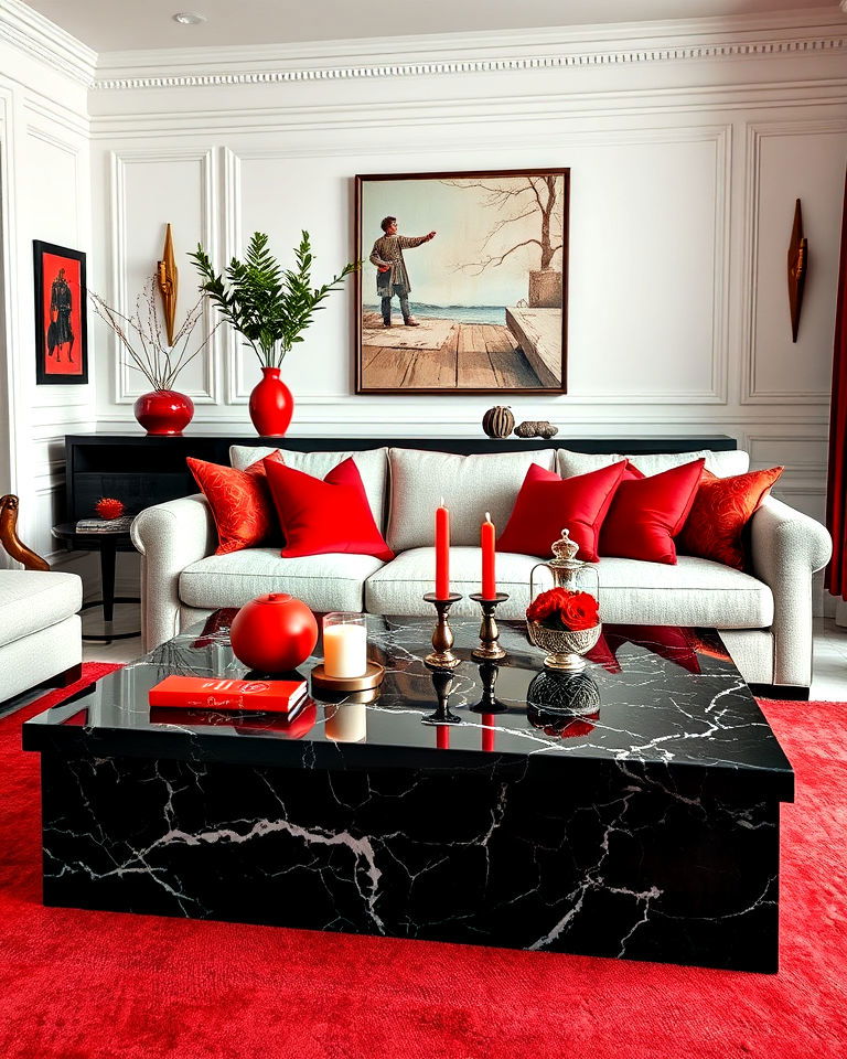 luxurious black marble coffee table with red accents - 25 Black and Red Living Room Ideas